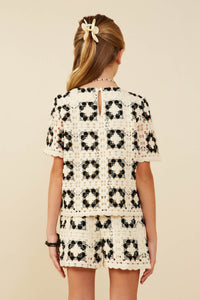 GY9076 Oatmeal Girls Quilted Crochet Short Sleeve Tee Back