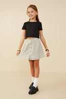 GY9101 Oatmeal Girls Button Front Textured Striped Skirt Pose