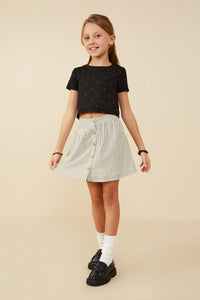 GY9101 Oatmeal Girls Button Front Textured Striped Skirt Pose