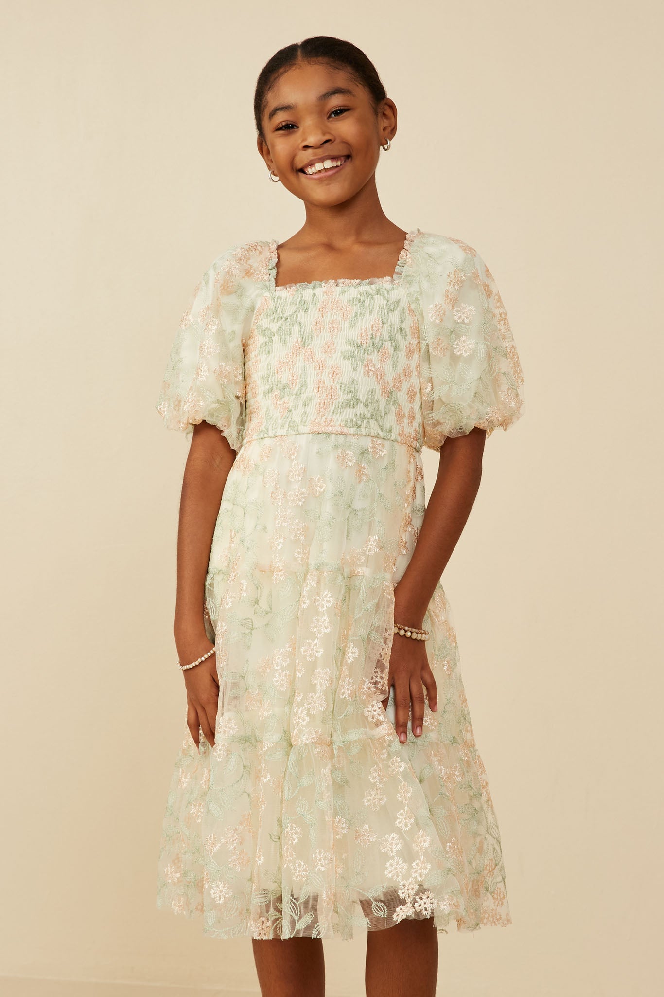 Smocked Floral Mesh Lace Tiered Dress