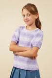 GY9126 Lavender Girls Puff Sleeve Ombre Stripe Fine Knit Top Front