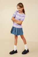 GY9126 Lavender Girls Puff Sleeve Ombre Stripe Fine Knit Top Pose