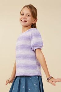 GY9126 Lavender Girls Puff Sleeve Ombre Stripe Fine Knit Top Side
