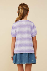 GY9126 Lavender Girls Puff Sleeve Ombre Stripe Fine Knit Top Back