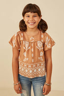GY9142 Taupe Girls Geometric Floral Print Puff Sleeve Top Front