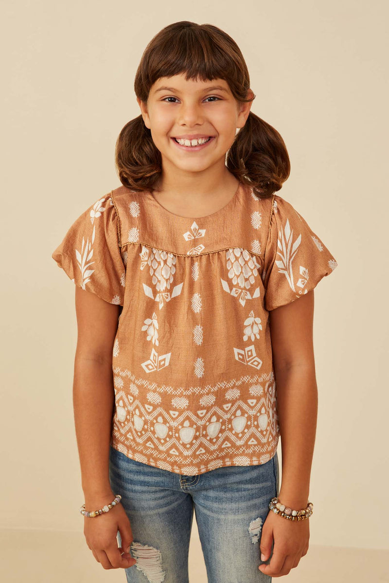 GY9142 Taupe Girls Geometric Floral Print Puff Sleeve Top Front