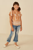 GY9142 Taupe Girls Geometric Floral Print Puff Sleeve Top Pose