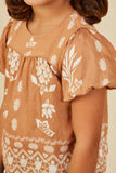 GY9142 Taupe Girls Geometric Floral Print Puff Sleeve Top Detail