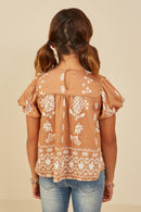 GY9142 Taupe Girls Geometric Floral Print Puff Sleeve Top Back