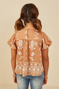 GY9142 Taupe Girls Geometric Floral Print Puff Sleeve Top Back
