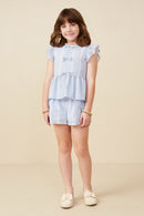 GY9151 Blue Girls Bow Detailed Crochet Lace Ruffle Tank Pose