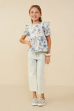 GY9154 Blue Girls Antique Floral Lace Trimmed Ruffle Top Pose