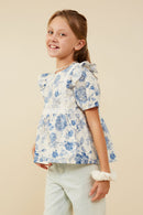 GY9154 Blue Girls Antique Floral Lace Trimmed Ruffle Top Side