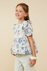 GY9154 Blue Girls Antique Floral Lace Trimmed Ruffle Top Side