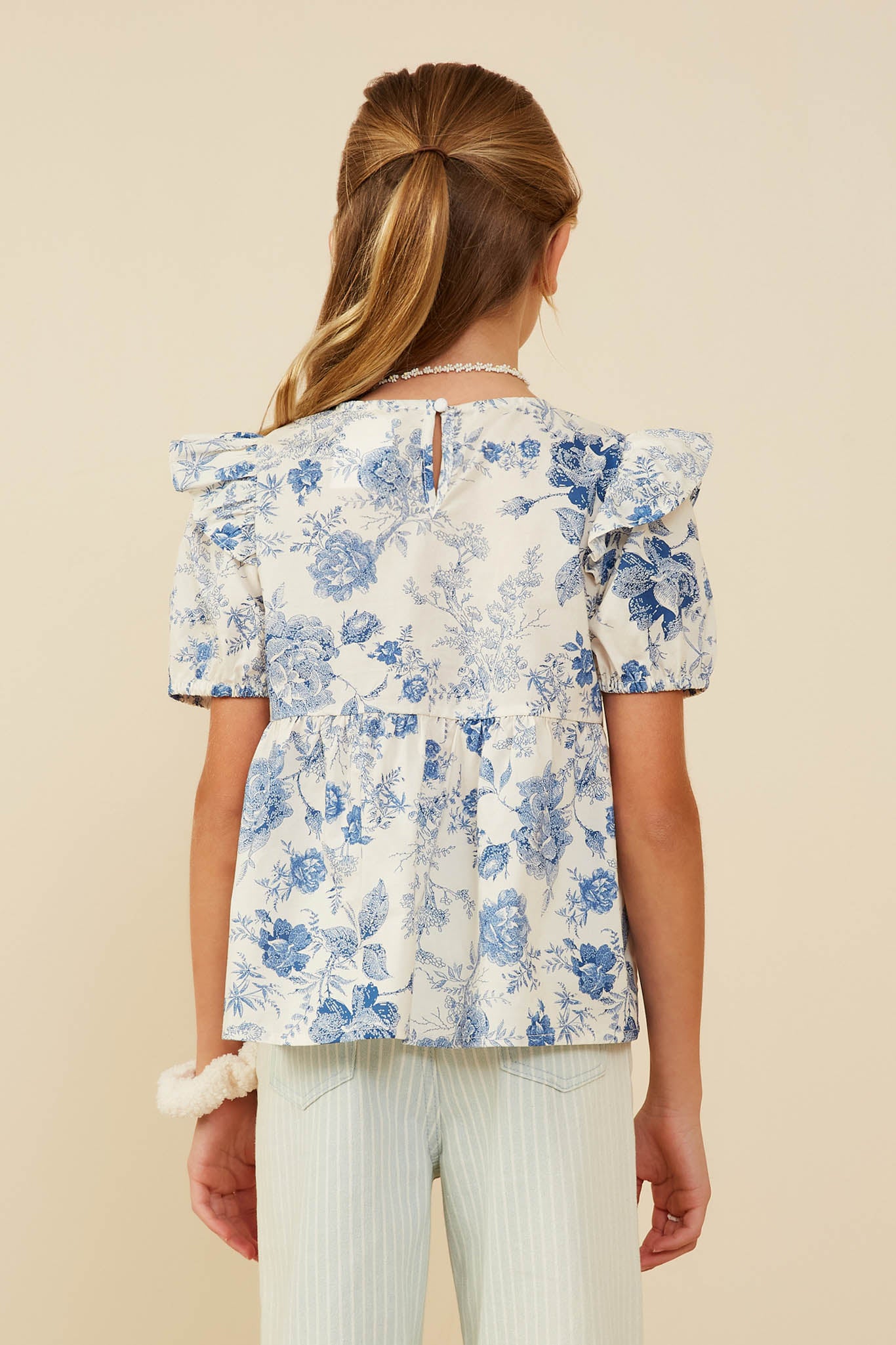 GY9154 Blue Girls Antique Floral Lace Trimmed Ruffle Top Back