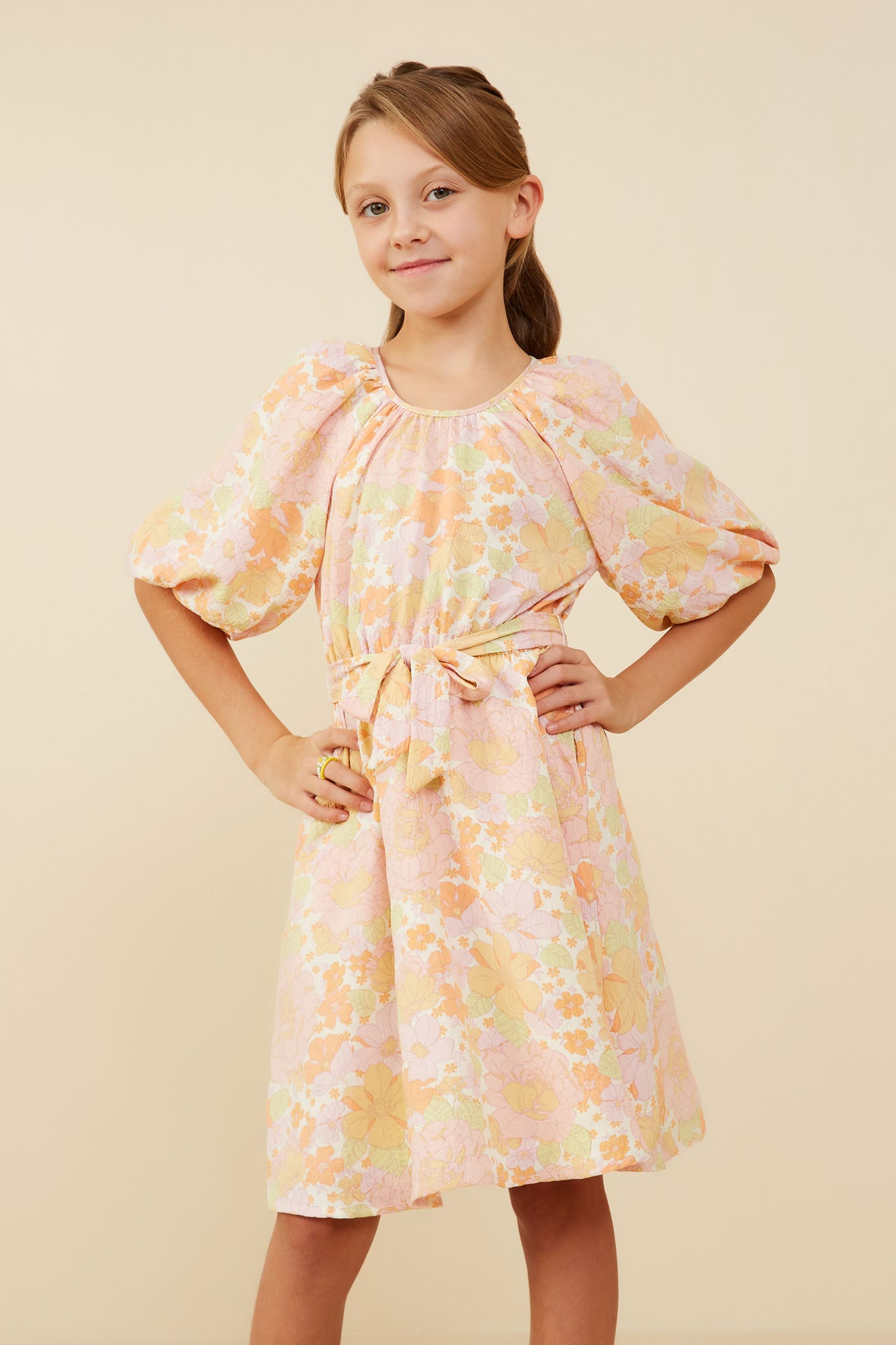 Girls Belted Puff Sleeve Textured Dress