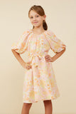 GY9158 Pink Mix Girls Puff Sleeve Belted Textured Dress Front