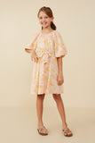 GY9158 Pink Mix Girls Puff Sleeve Belted Textured Dress Pose