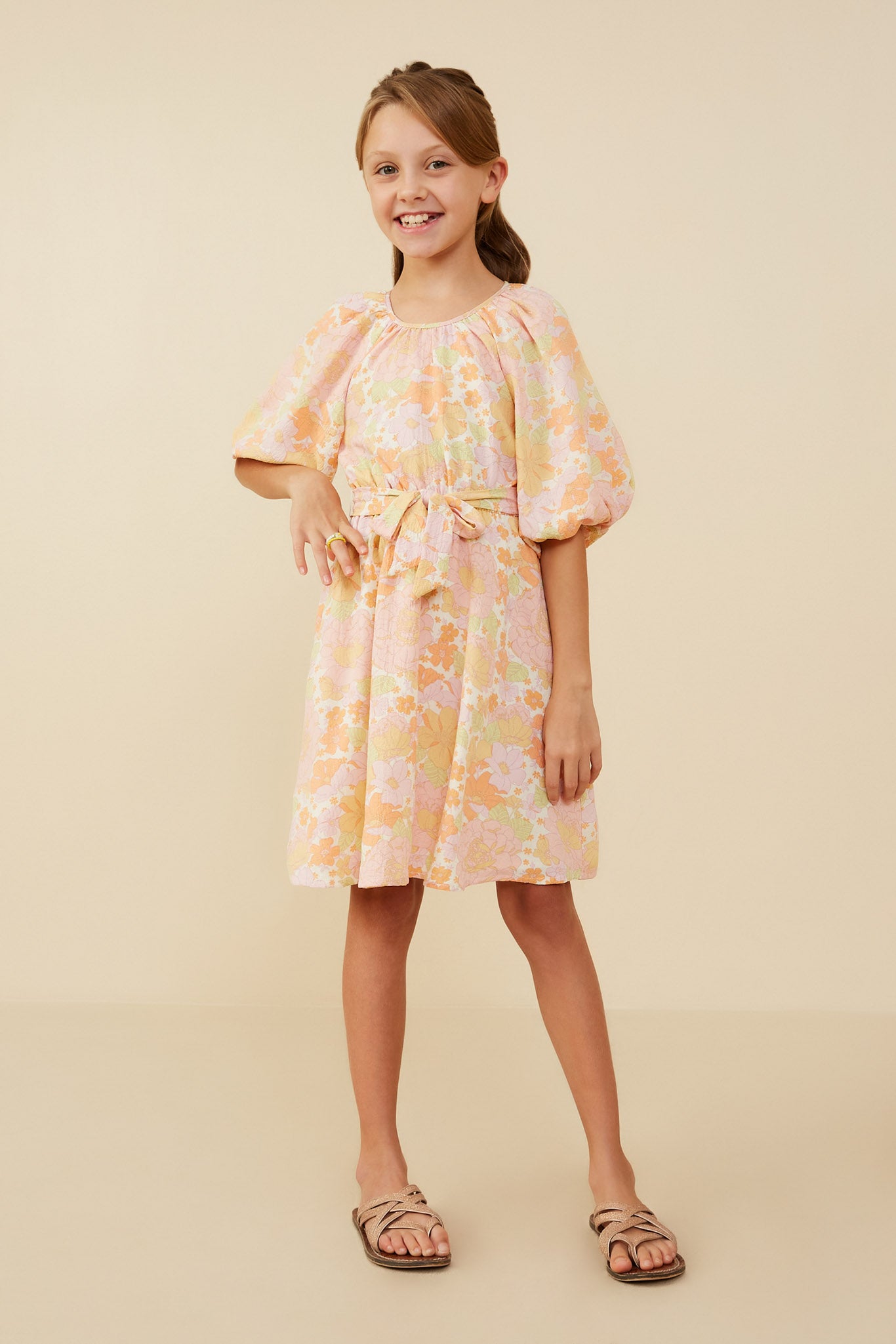 Puff Sleeve Belted Textured Dress