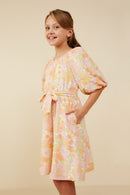 GY9158 Pink Mix Girls Puff Sleeve Belted Textured Dress Side