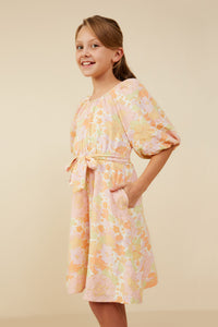 GY9158 Pink Mix Girls Puff Sleeve Belted Textured Dress Side