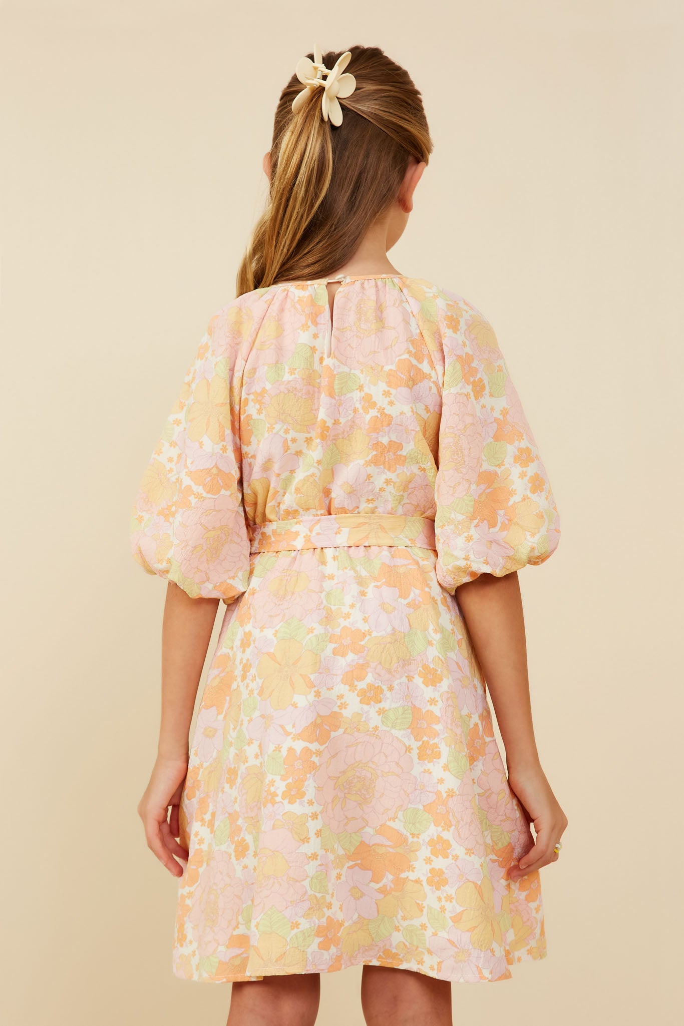 GY9158 Pink Mix Girls Puff Sleeve Belted Textured Dress Back