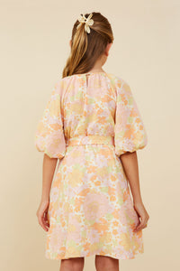 GY9158 Pink Mix Girls Puff Sleeve Belted Textured Dress Back