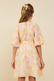 GY9158 Pink Mix Girls Puff Sleeve Belted Textured Dress Back