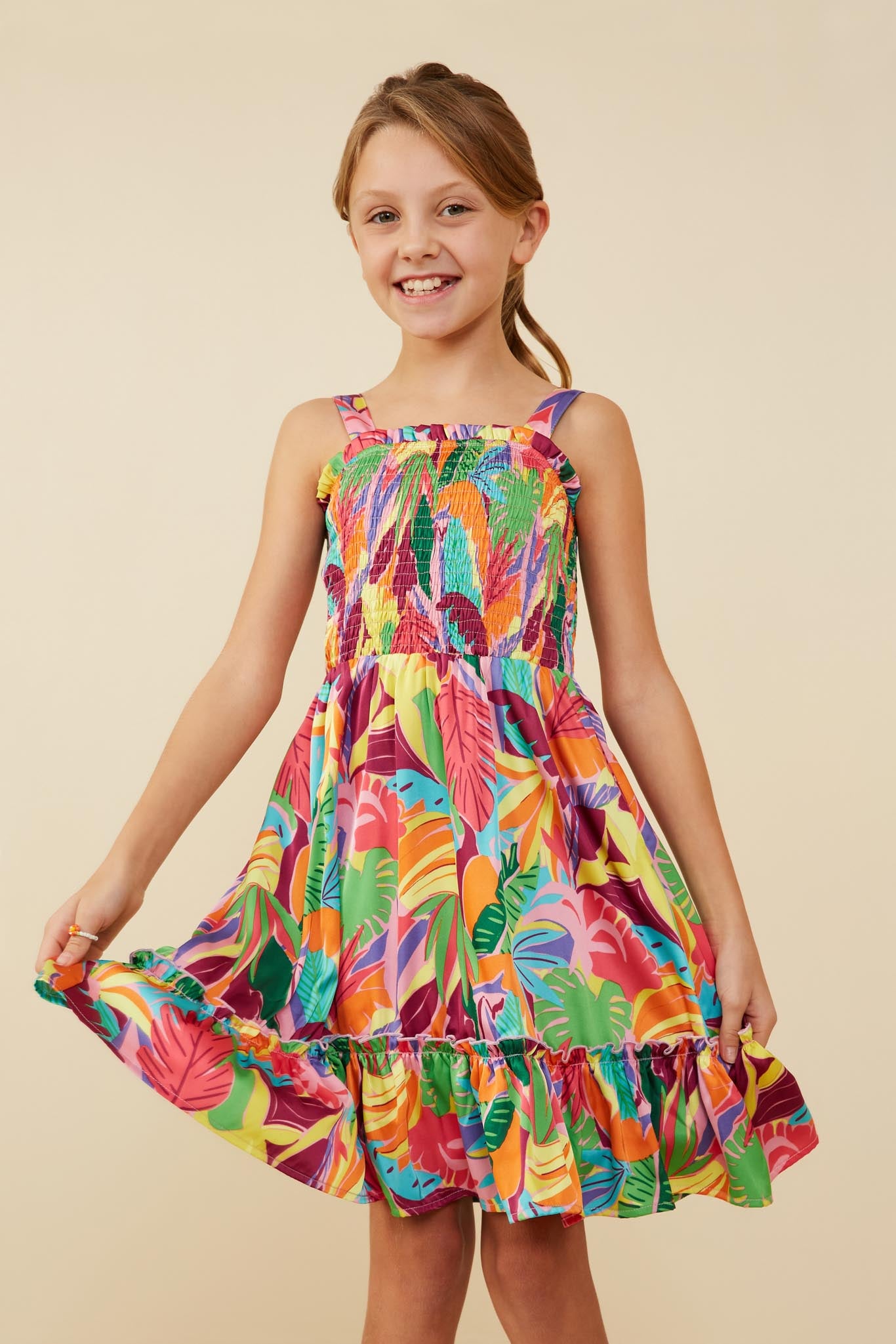 Tropical Print Smocked Sleeveless Dress