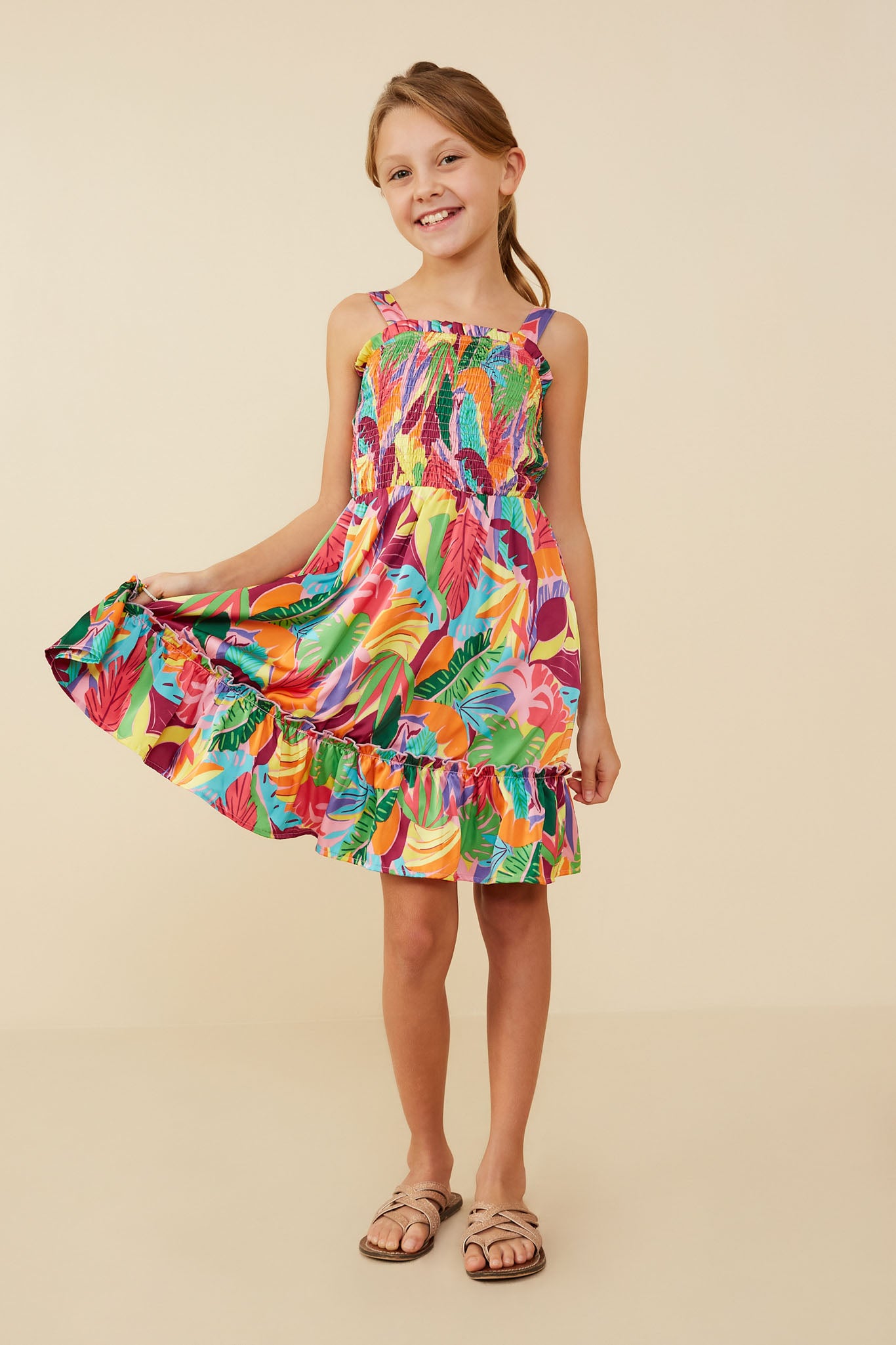 Tropical Print Smocked Sleeveless Dress