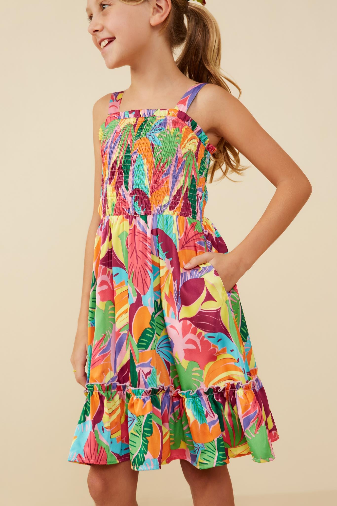 Tropical Print Smocked Sleeveless Dress