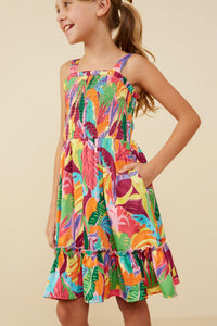 Tropical Print Smocked Sleeveless Dress