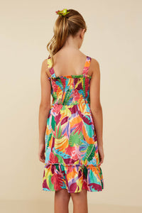 Tropical Print Smocked Sleeveless Dress