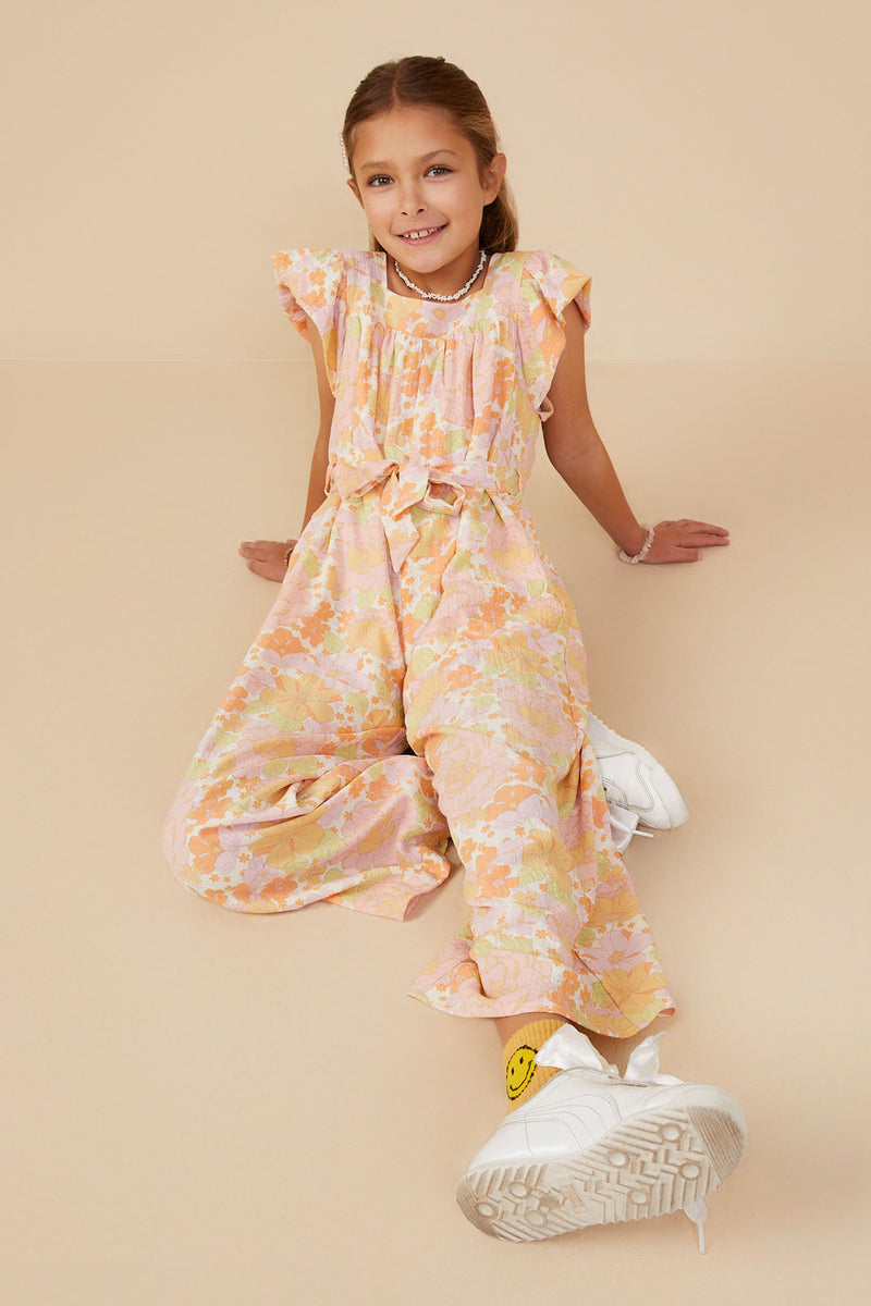GY9161 Pink Girls Textured Floral Wide Leg Belted Jumpsuit Pose