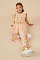 GY9161 Pink Girls Textured Floral Wide Leg Belted Jumpsuit Pose