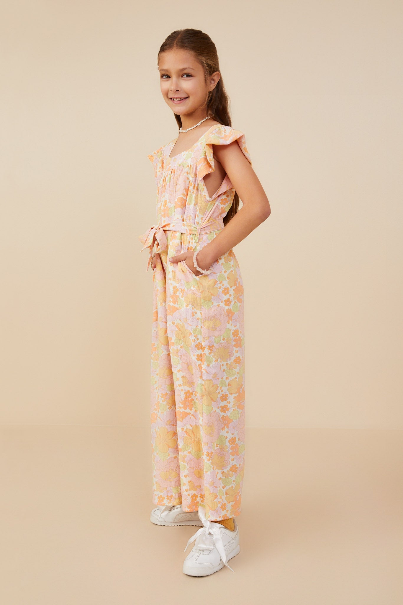 GY9161 Pink Girls Textured Floral Wide Leg Belted Jumpsuit Side
