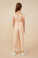 GY9161 Pink Girls Textured Floral Wide Leg Belted Jumpsuit Back