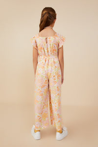 GY9161 Pink Girls Textured Floral Wide Leg Belted Jumpsuit Back