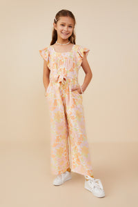 GY9161 Pink Girls Textured Floral Wide Leg Belted Jumpsuit Front 2