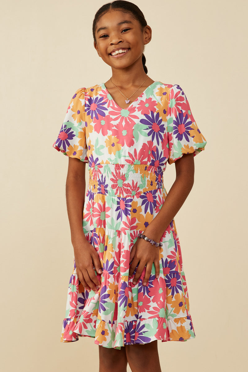 Daisy Floral V Neck Smocked Waist Dress