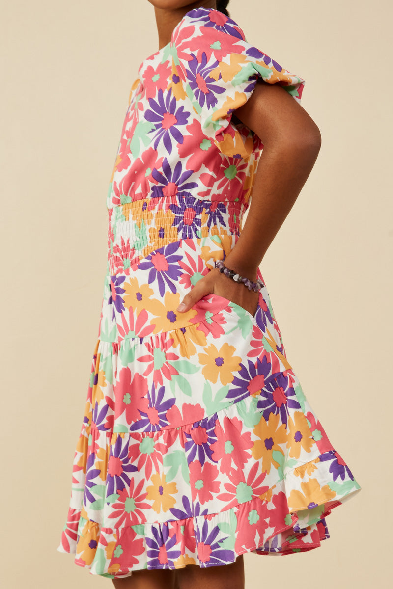 Daisy Floral V Neck Smocked Waist Dress
