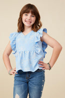 GY9173 Blue Girls Floral Embroidered Ruffled Peplum Tank Front