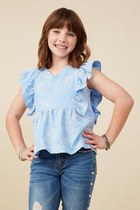 GY9173 Blue Girls Floral Embroidered Ruffled Peplum Tank Front