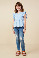 GY9173 Blue Girls Floral Embroidered Ruffled Peplum Tank Pose