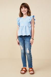 GY9173 Blue Girls Floral Embroidered Ruffled Peplum Tank Pose