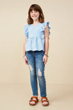 GY9173 Blue Girls Floral Embroidered Ruffled Peplum Tank Pose