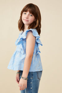 GY9173 Blue Girls Floral Embroidered Ruffled Peplum Tank Side