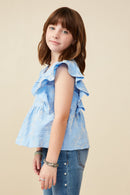 GY9173 Blue Girls Floral Embroidered Ruffled Peplum Tank Side