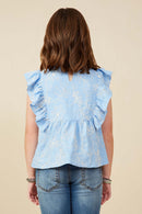 GY9173 Blue Girls Floral Embroidered Ruffled Peplum Tank Back