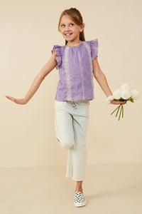 GY9178 Lavender Girls Eyelet Embroidered Ruffled Detail Tank Pose